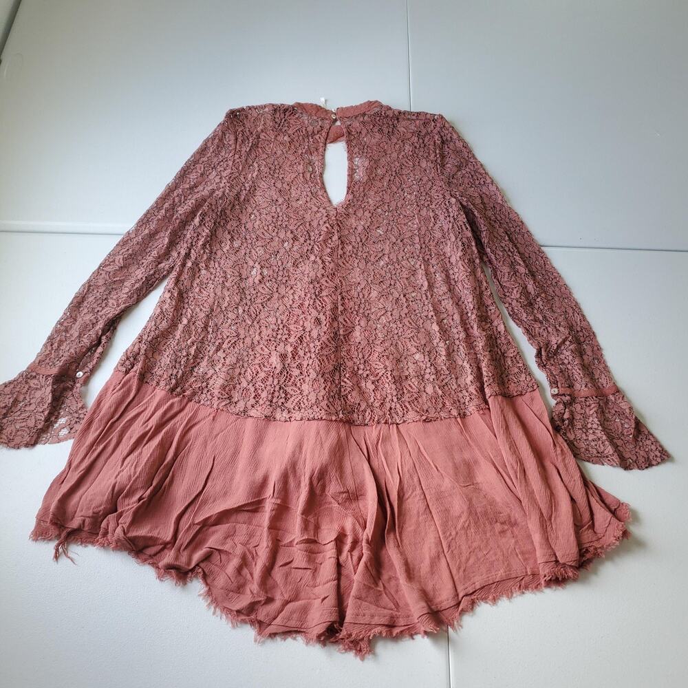 Free People Dress Womens Large Pink Lace Trapeze Mini Bell Sleeve Sheer Boho - Picture 3 of 9
